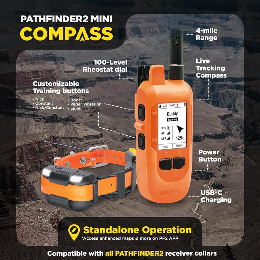 Dogtra PATHFINDER2 MINI Compass Live GPS Dog Tracking & Training System - 4-Mile Range E-Collar Handheld with No Subscription, Offline Maps, GPS Fence, Expandable up to 21 Dogs, for Dogs 15+ lbs