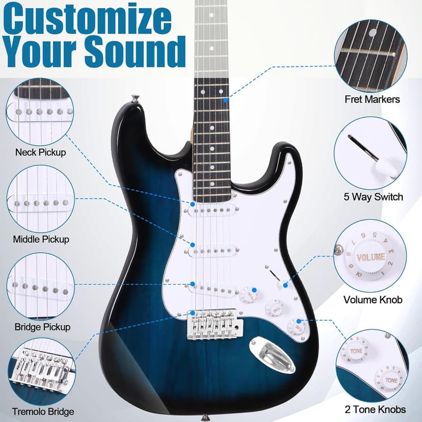 ZENY 39" Full Size Electric Guitar with Amp, Case and Accessories Pack Beginner Starter Package, Blue Ideal Christmas Thanksgiving Holiday Gift