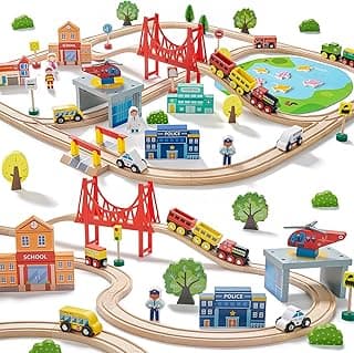 Tiny Land 110PCS Wooden Train Set – Toy Train with Tracks for Kids Ages 3-7, Compatible with Major Brands, Ideal Railway Playset for Boys and Girls, Great Birthday