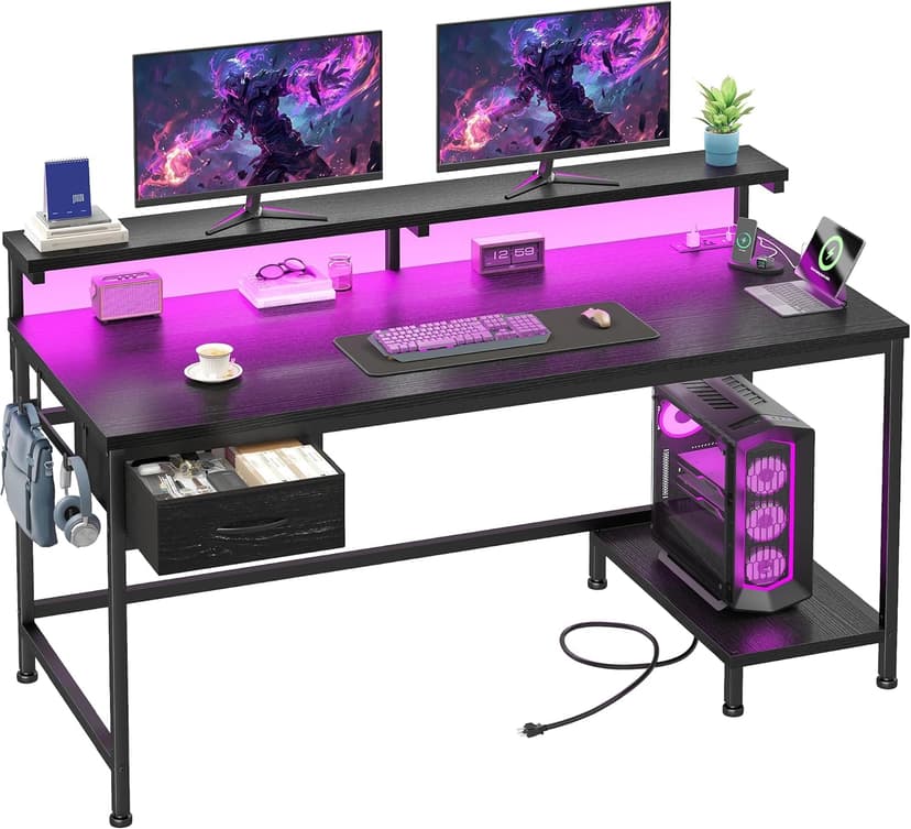 DurayLoly 47.2" Gaming Desk with Power Outlet and LED Lights,Computer Desk with Adjustable Monitor Stand and Drawer,Office Desk with CPU Stand for Home Work,Study and Gaming, Small Spaces,Black