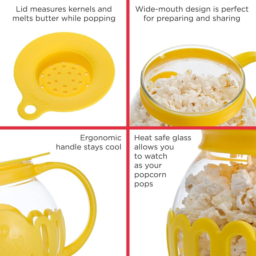 Ecolution Patented Micro-Pop Microwave Popcorn Popper with Temperature Safe Glass, 3-in-1 Lid Measures Kernels and Melts Butter, Made Without BPA, Dishwasher Safe, 3-Quart, Yellow