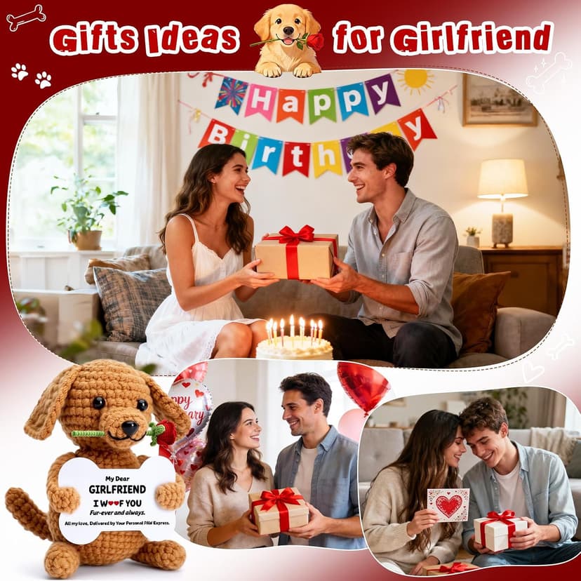 Funny Dog Mothers Day Girlfriend Gf Gifts, Anniversary Birthday Gifts for Girlfriend from Boyfriend, Mini Cute Cool Stuff Things Romantic I Love You Presents, Small Happy Crochet Rose Dog Puppy