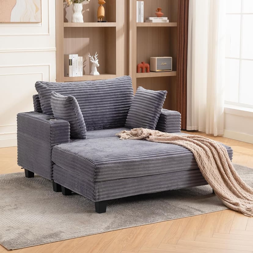 60'' Oversized Chaise Lounge Chair Indoor, Corduroy Upholstered Lounge Sofa with Wood Frame, Comfy Lounge Chaise with Pillows and Cup Holder, Deep Seat Lounge Chair for Living Room Bedroom