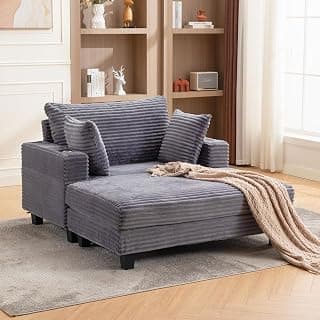 60'' Oversized Chaise Lounge Chair Indoor, Corduroy Upholstered Lounge Sofa with Wood Frame, Comfy Lounge Chaise with Pillows and Cup Holder, Deep Seat Lounge Chair for Living Room Bedroom
