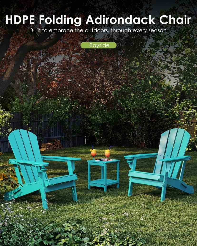 GREENVINES Folding-Adirondack-Chairs-Set-of-2 | w/Cup Holder | HDPE Plastic | All-Weather Patio Fire Pit Chairs | for Outdoor Poolside Deck | Aqua