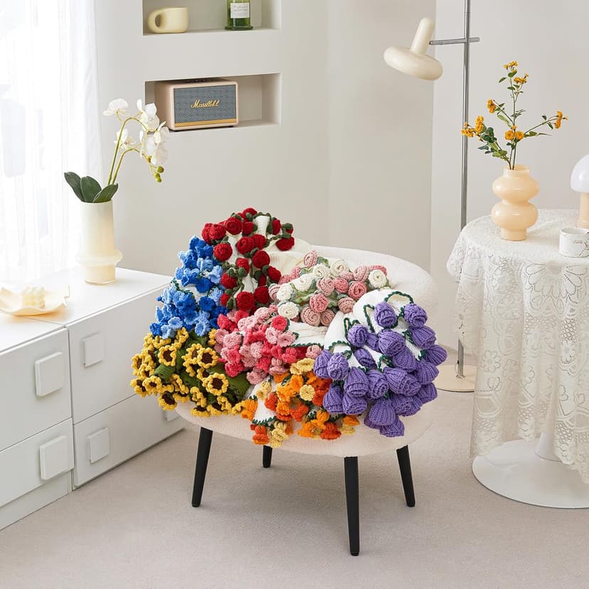 Crochet Flower Bouquet Throw Blanket, Handmade Knitted Blanket with Rose Flowers, Cute Romantic Gift for Her Girlfriend Mom Mother’s Day Valentine Wedding Anniversary Birthday, Pink and White B0FDK649NZ