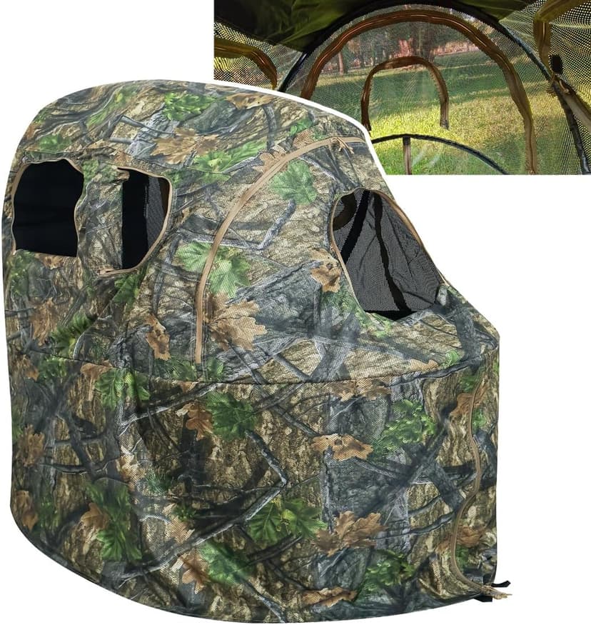 See-Through Hunting Ground Blind with Built-in Chair for Deer Hunting - 1 Person Pop-Up Camouflage Tent