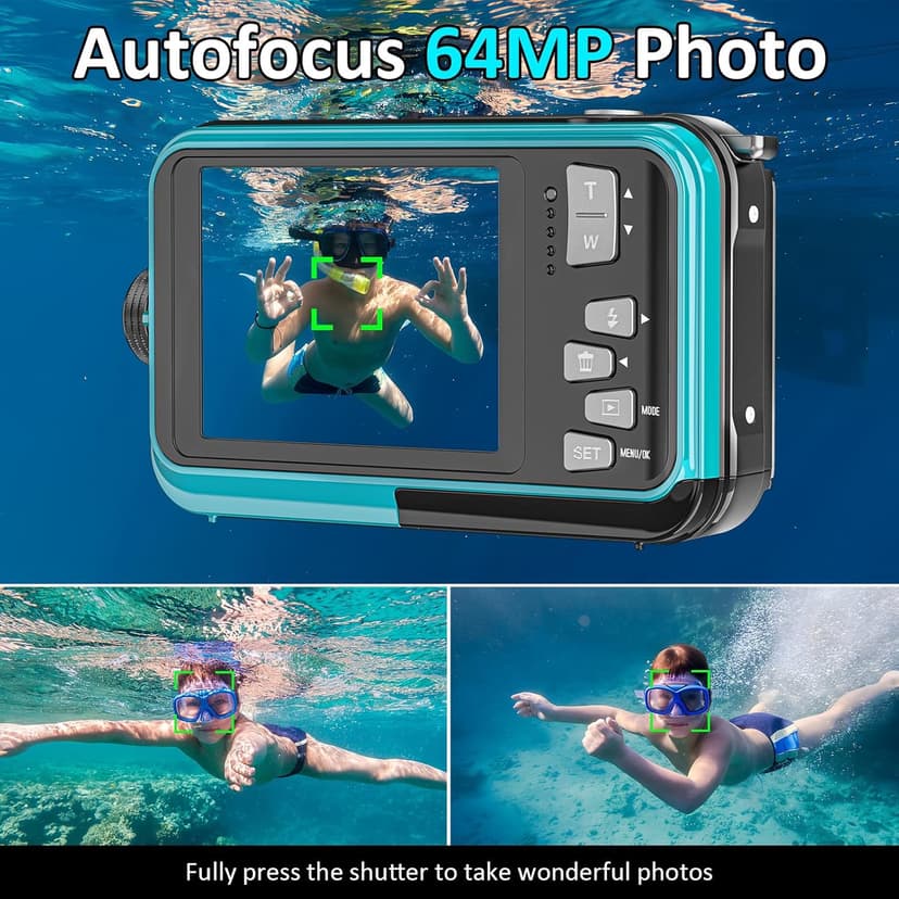 4K Underwater Camera 16FT Waterproof Camera with 32GB Card 64MP Autofocus Dual-Screen Selfie Underwater Camera for Snorkeling Waterproof Compact Floatable Digital Camera 1250mAh Battery Type-C (Blue)