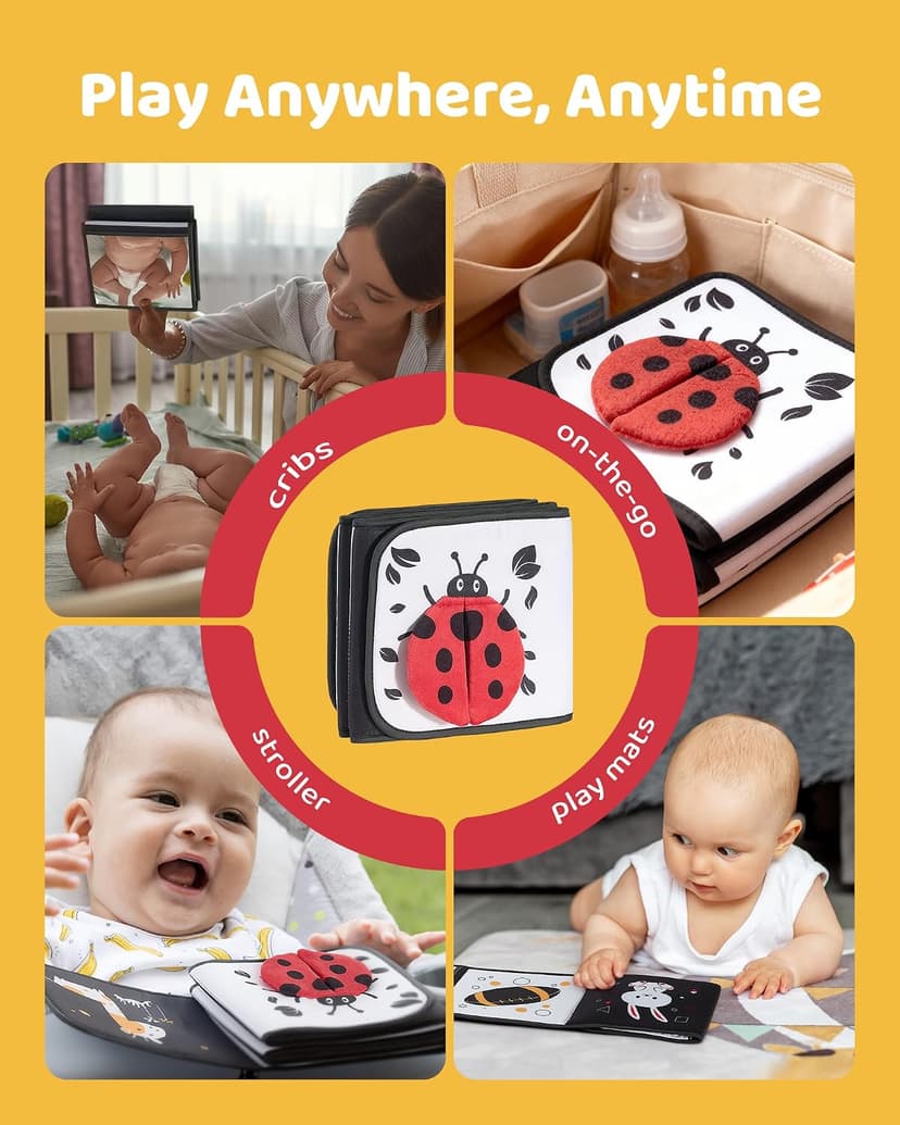 Newborn visual stimulation 0-6 months, Montessori sensory play, soft crinkle pages, folds flat, ties to crib and stroller Infinno High Contrast Baby Book, Black and White, Tummy Time Mirror Toy B0DHH7LGZT