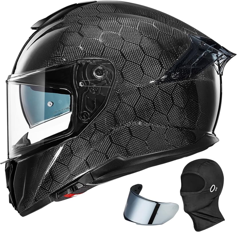 ILM Carbon Fiber Motorcycle Helmets Lightweight Full Face Dual Visor Helmet with Rear Wing Pinlock Compatible Motorbike Street Bike DOT ECE Men Women Model 861C (Snake-Effect CarbonFiber, M)