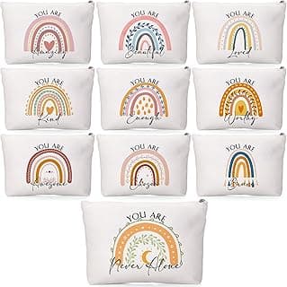 Coume 10 Pcs Rainbow Canvas Makeup Bags Bulk Inspirational Quotes Cosmetic Zipper Personalized Encouragement Travel Pouch Toiletry Bag for Women Girls Teacher Friend Birthday