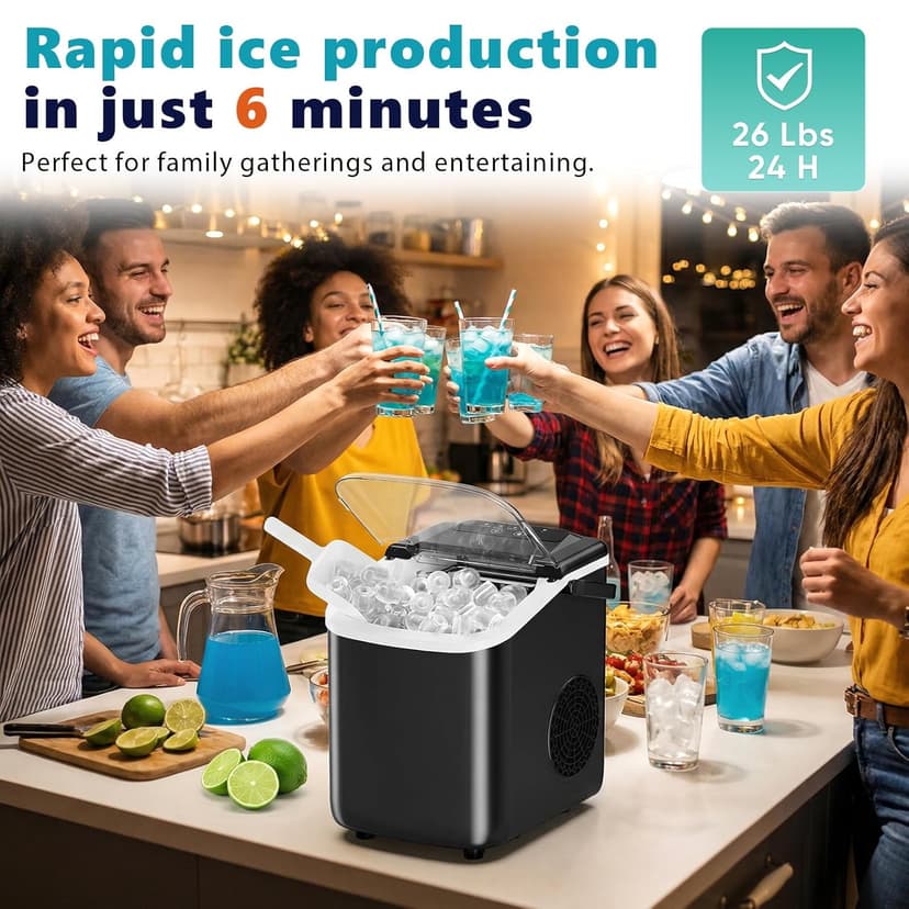 Sweetcrispy Countertop Ice Maker with Scoop, Basket and Handle, Portable Ice Machine 9 Ice Cubes Ready in 6 Mins, 26.5lbs in 24Hrs, 2 Sizes for Home Kitchen Office Bar Party