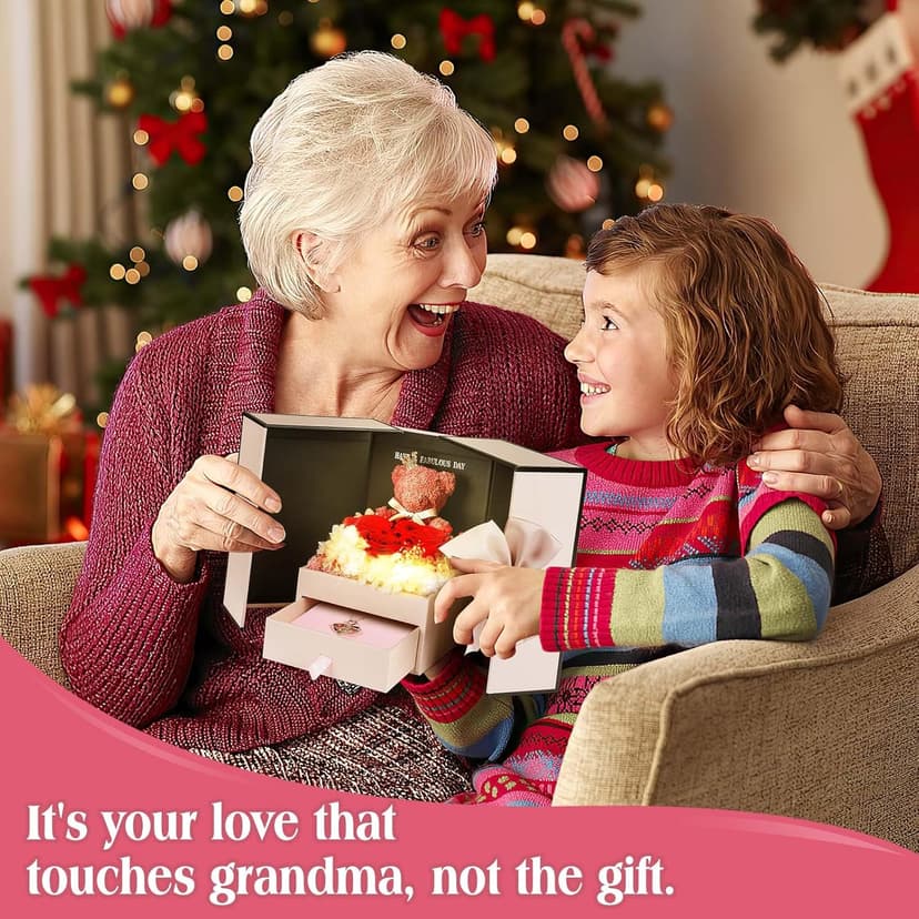 ADDWel Great Gifts for Grandma, Preserved Real Roses with I Love You 100 Languags Grandma Necklace, Cute Bear and Meaningful Eternal Roses for Grandmother Nana Birthday