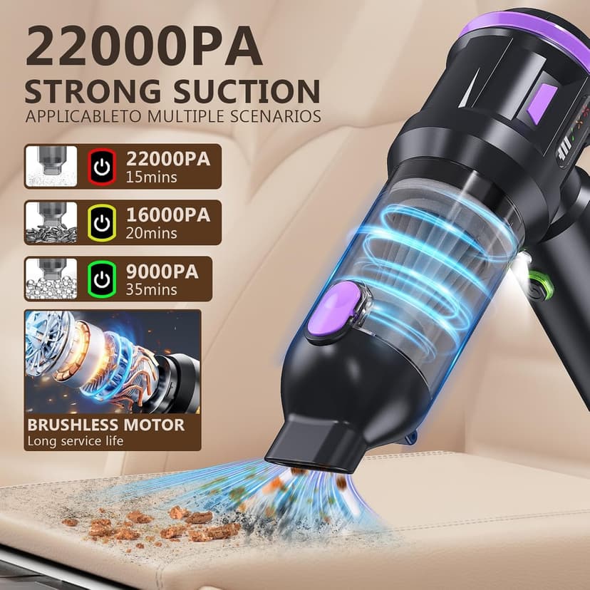 22000PA High Power Cordless Handheld Vacuum & Car Vacuum Cleaner, 4-in-1 Air Duster & Inflator with Brushless Motor, USB-C Charging, LED Light, for Home, Car, Pet, Black Purple
