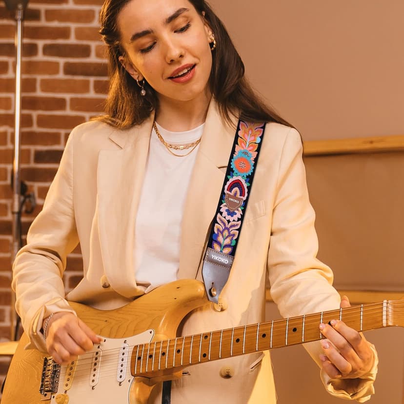 YIKOKO Guitar Strap，2 inch Flower Knit Cotton Guitar Straps with Full Grain Leather End, for Bass Electric and Acoustic Guitars, Free Strap Button, 2 Strap Locks and 4 Guitar Picks