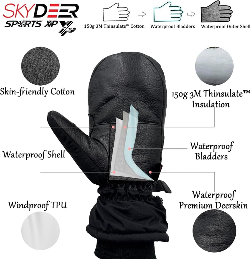 SKYDEER Waterproof Premium Deerskin Leather Ski Mittens with 150G 3M Thinsulate, Ultra Soft & Durable & Warm (SD8650M)