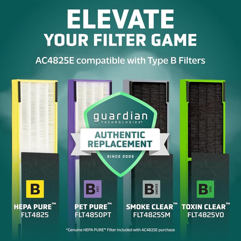 GermGuardian 4-In-1 HEPA Air Purifier for Home, Large Rooms Up To 743 Sq. Ft. with HEPA Air Filter, UV-C Light & Odor Reduction, AC4825E, 22" Tower, Gray
