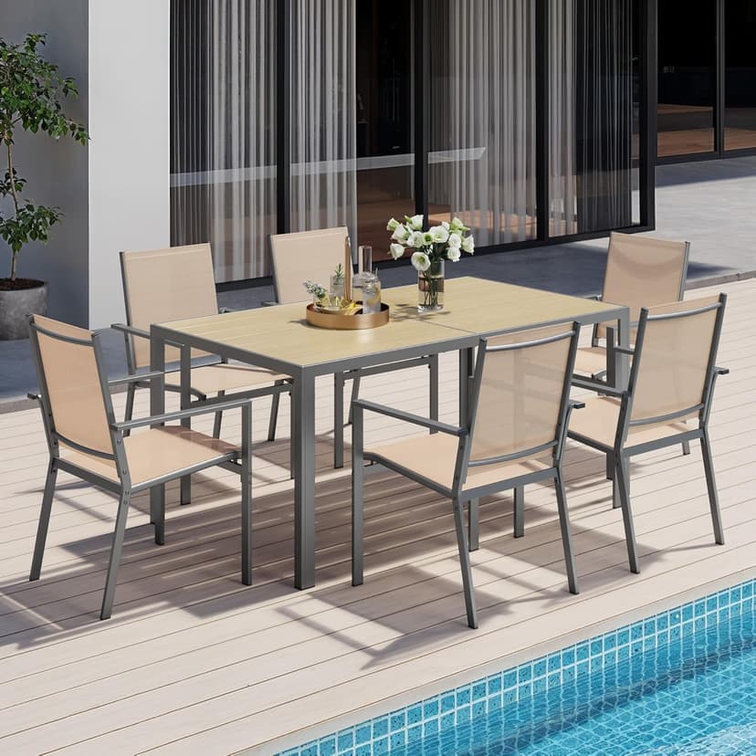 Ahomly Patio Table and Chairs Set for 6, Outdoor Dining Set Includes 59.5" Rectangle Patio Table with Side Umbrella Hole and 6 Textilene Fabric Patio Chairs for Backyard, Courtyard, Poolside, Brown
