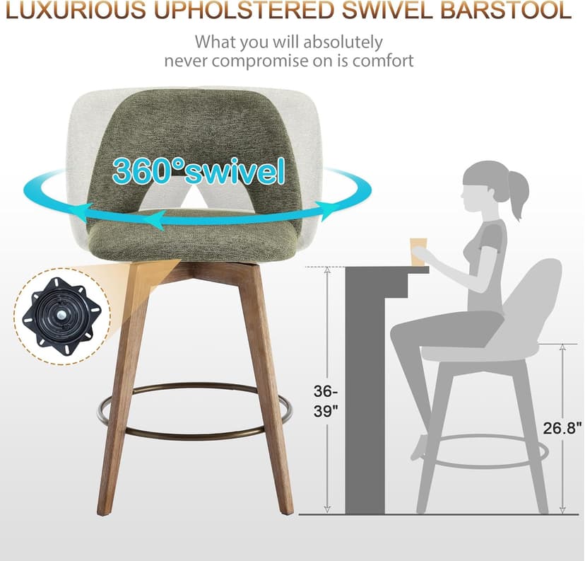 Zesthouse Swivel Farmhouse Bar Stools Set of 4, 26" Modern Counter Stools with Open Back & Natural Wood Legs, Upholstered Linen Fabric Counter Height Barstools, High Chairs for Island Kitchen, Green