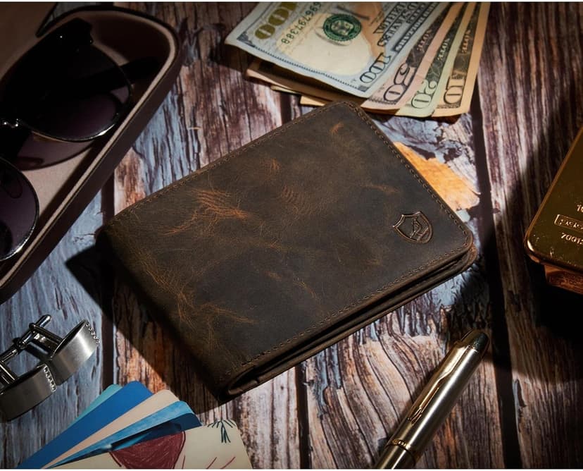 Cochoa Mens Wallet Real Leather Bifold RFID Blocking High Capacity Card Case with 2 ID Window in Gift Box (Crazy Horse, Moss)