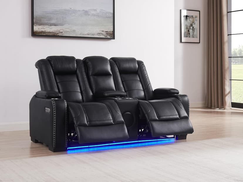 THSUPER Black Leather Power Recliner Sofa Loveseat Sets with Arm Storage and Power Headrest, Leather Living Room Reclining Sofa and Loveseat Set with Cup Holders and Bluetooth Speaker. | Breathable material, LED ambient light, Reading light, Hidden outlet, USB and Type-C port