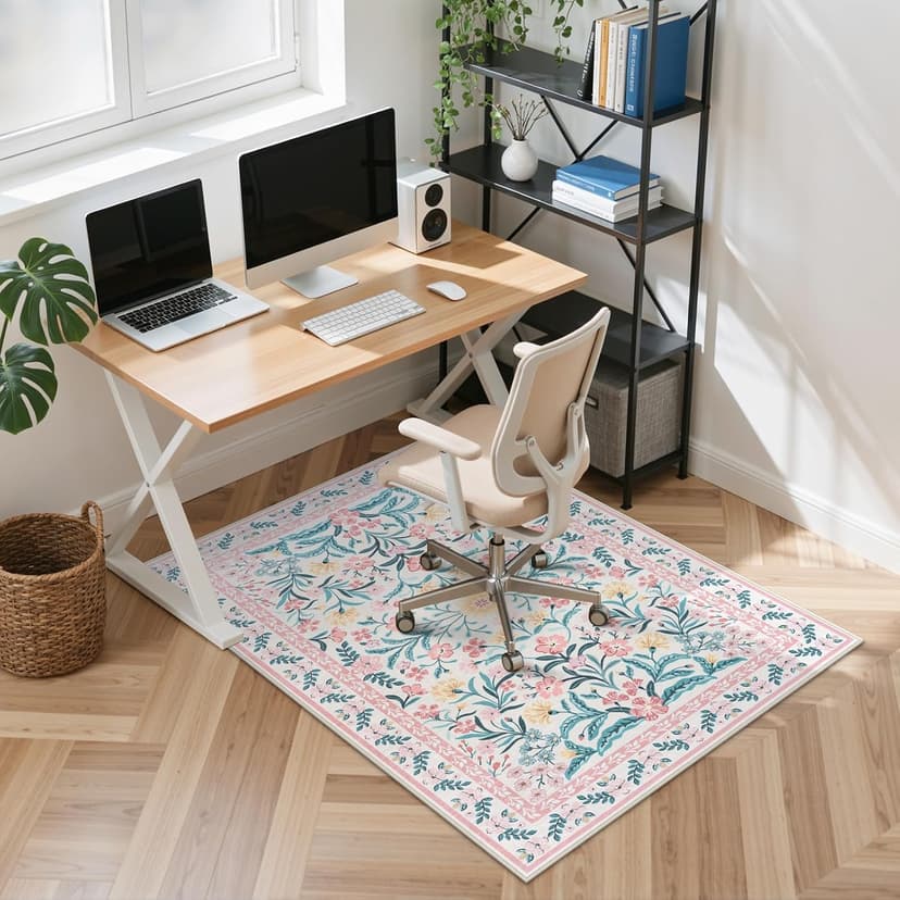 Anidaroel 36"x48" Office Chair Mat for Hardwood Floor, Boho Floral Floor Mat for Office Chair, Anti-Slip Desk Rug for Office, Low Pile Desk Chair Mats for Hardwood, Blush Pink Small Office Rug