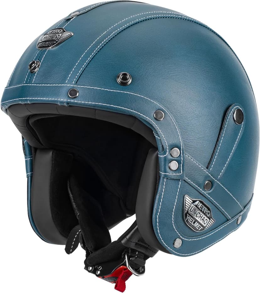 Handmade Leather 3/4 Open Face Motorcycle Helmet Retro Vintage Style DOT Approved Adult Half Helmet for Men Women Motorbike Moped Cruiser Scooter
