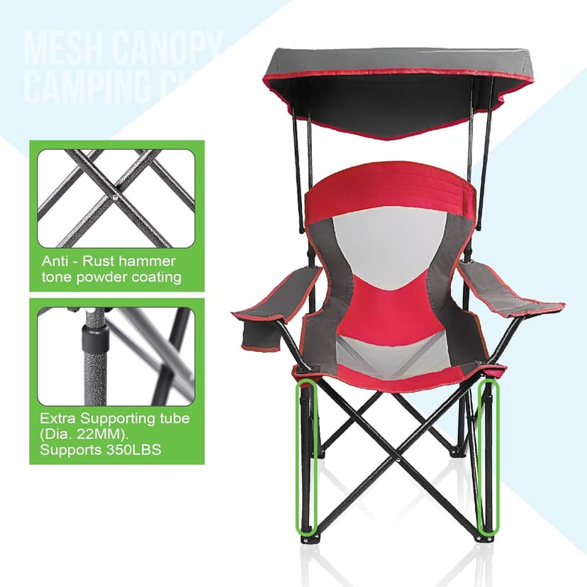 ALPHA CAMP Heavy Duty Canopy Camping Chair, 350 lbs Capacity Oversized Folding Chair with Adjustable Sunshade, Portable Sunshade Chair with Cup Holder for Beach, Fishing, Outdoor, Red