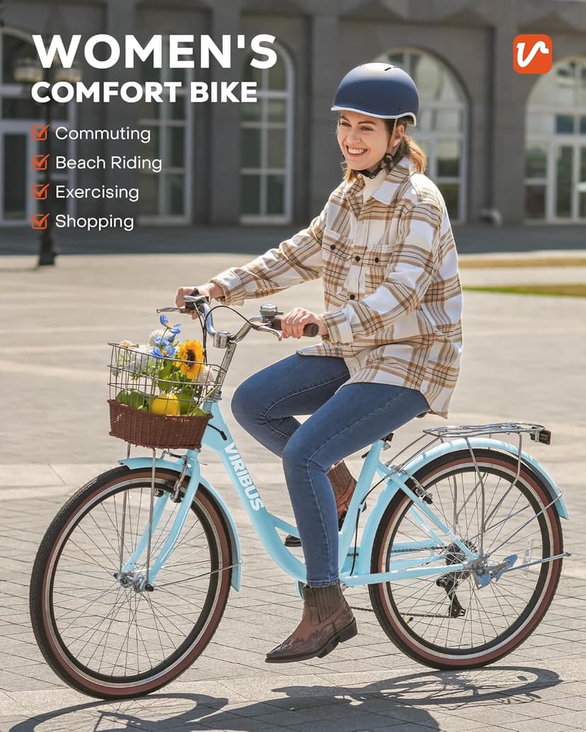 VIRIBUS Womens Cruiser Bike, 7 Speed Beach Cruiser Bike for Women, 26 inch Women Bicycle with Rattan Basket, City Commuter Vintage Retro Step Through Bicycle for Female Ladies Seniors, 330 Lb.