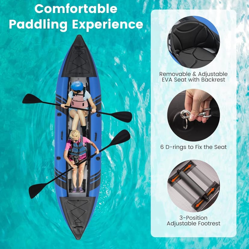 GYMAX Inflatable Kayak, 12.5Ft 507lbs Tandem Kayak with 2 Aluminum Paddles, 2 Padded Seats, Footrests, 2 Fins, Hand Pump, Carry Bag & Repair Kit, 2 Person Fishing Touring Kayak for Adults