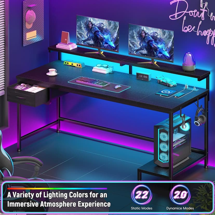 DurayLoly 47.2" Gaming Desk with Power Outlet and LED Lights,Computer Desk with Adjustable Monitor Stand and Drawer,Office Desk with CPU Stand for Home Work,Study and Gaming, Small Spaces,Black