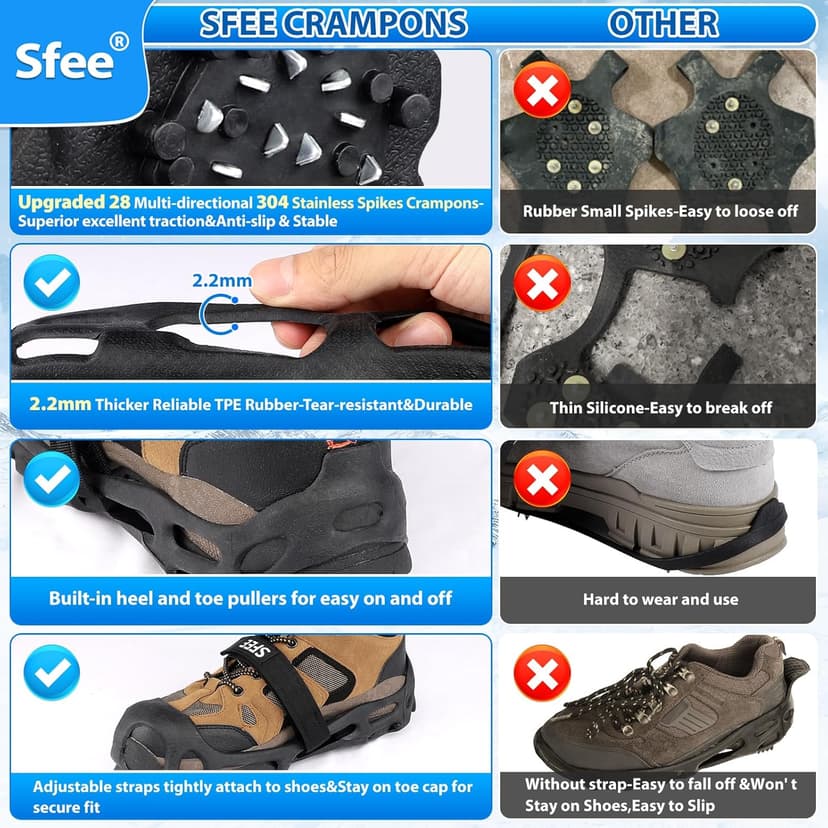 Sfee Crampons Ice Cleats for Shoes and Boots, 28 Steel Shoe Spikes Ultra-Grip Ice Cleats for Men Women Non-Slip Snow Traction Ice Grippers for Shoes and Boots for Walking, Hiking, Climbing, Fishing