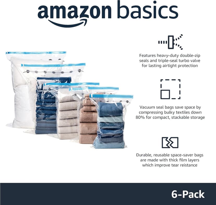 Amazon Basics Multiple Vacuum Compression Zipper Storage Bags for Space Saving and Travel with Hand Pump, 6-Pack (2 Jumbo, 2 Large, 2 Medium), Transparent