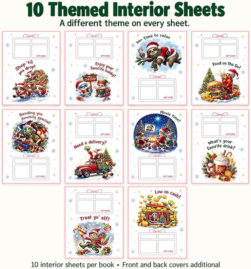 4 spiral-bound Christmas gift card books in 4 designs; each has 10 interior sheets plus front and back covers. DOTH Christmas Gift Card Book, 4 Pack, Spiral Bound for Holiday Gift Giving B0HJCRRFKL