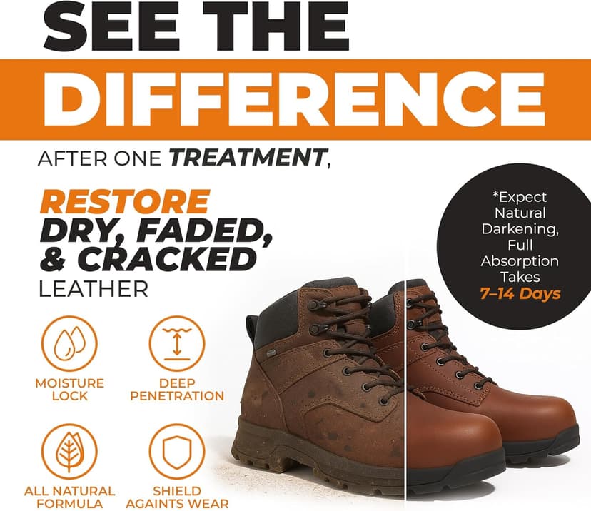 Leather Boot Oil for Work & Cowboy Boots – Deep-Conditioning Formula, Restore and Protects Dry, Cracked Leather, Complete Boots and Shoes Conditioner Care Kit w/ Applicator & Polishing Cloth 8oz