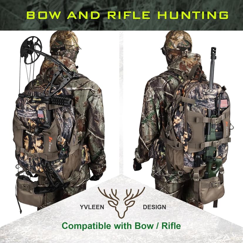 YVLEEN Hunting Backpack, Waterproof Camo Hunting Packs for Men, Durable Large Capacity Hunting Day Pack for Rifle Bow Gun