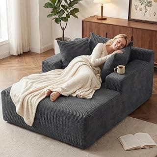 66" Chaise Lounge Chair Indoor, Oversized Boneless Lounge Chair with 3 Pillows, Corduroy Cloud Reading Chair for Living Room Bedroom, Deep Seat Sleeper Couch, No Assembly Required