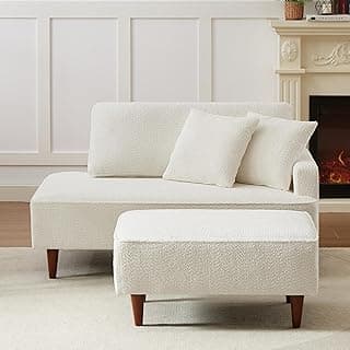 Upholstered Chaise Lounge Chair Indoor with Ottoman Boucle Chaise Lounge Fluffy Reading Chairs for Office Living Room Bedroom Relaxing (Boucle Biege)