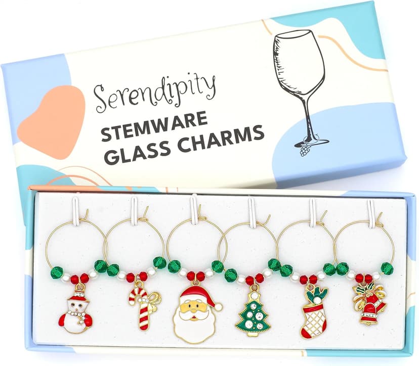 Christmas Wine Glass Charms, Christmas Hostess Gift, Christmas Table Decor, Stockings Stuffer, Set of 6 Gold Enamel Charms, Christmas Tree, Santa Claus, Candy Cane, Snowman