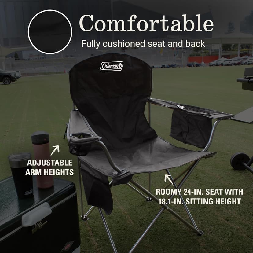 Coleman Portable Camping Chair with 4-Can Cooler, Cushioned Seat & Back with Side Pockets & Cup Holder, Carry Bag Included, Great for Camping, Tailgating, Firepits, Patio, & More