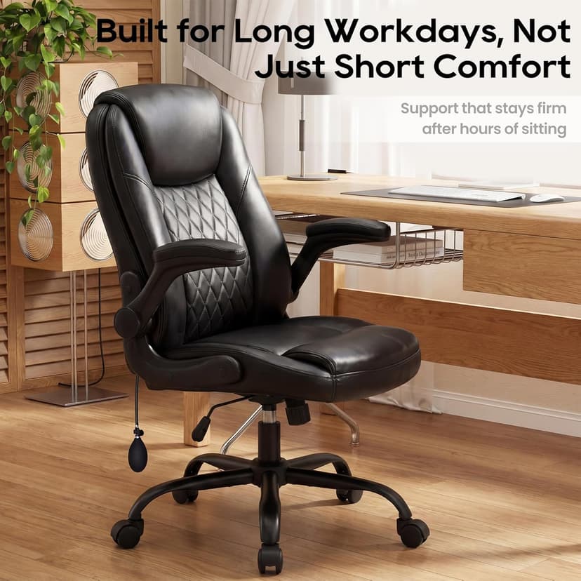 MALOL Leather Office Chair, Computer Desk Chair with Adjustable Lumbar Support, Thick Cushion, Flip-Up Arms and Ergonomic Back, Comfy Executive Office Chair for Home Office Gaming,Black