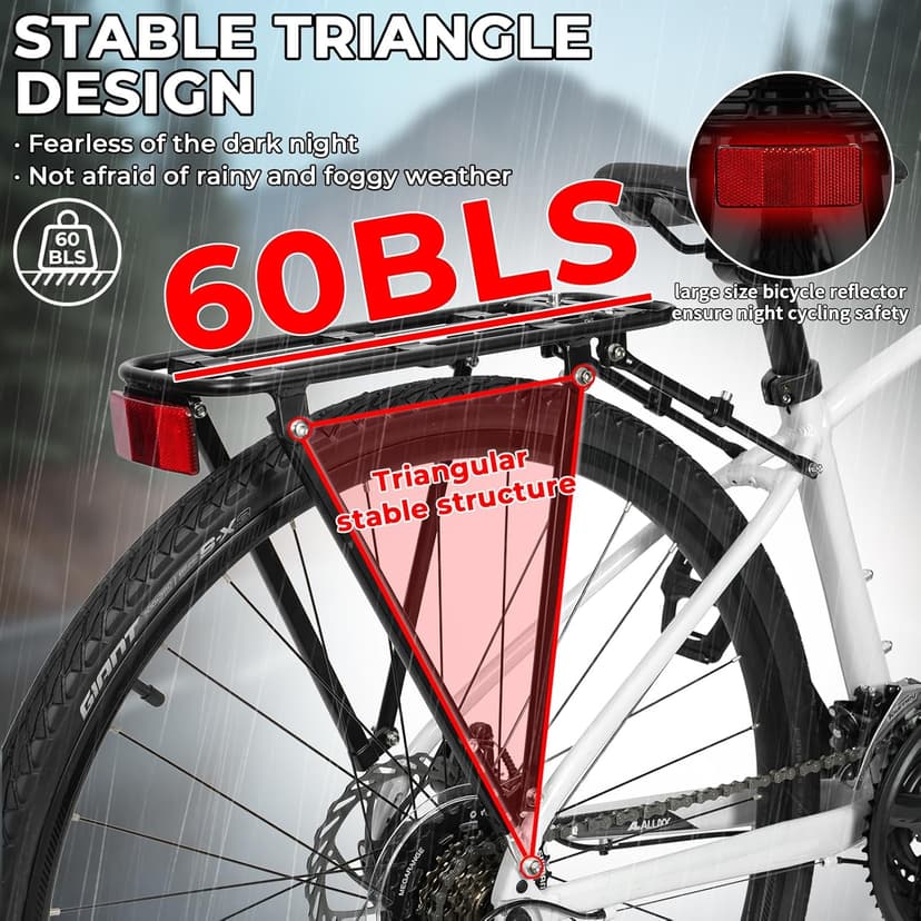 Bike Rear Rack Aluminum: Fits Most 26-29" No Disc Brake & Some Disc Brake Bikes (See The Image Gallery to Check Compatibility), 60lbs Capacity Bike Cargo Rack, Assembly