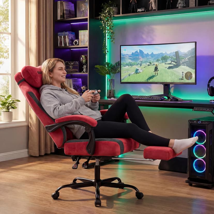SUKIDA Fabric Video Gaming Chair, Ergonomic High-Back Computer Game Chairs with Large Massage Adjustable Lumbar Support, Headrest and Linked Armrests for Long Hours Sitting Task Chair, Red