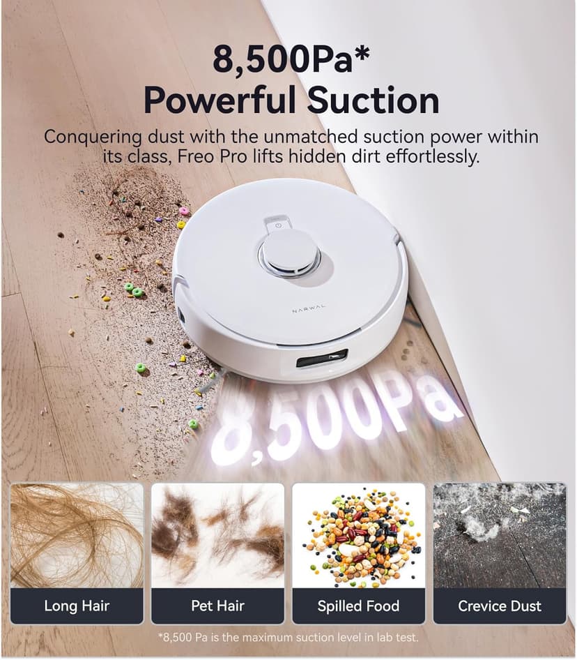 NARWAL Freo Pro Robot Vacuum and Mop Combo, Tangle Free Robot Mop, 8500Pa Powerful Suction, Self-Emptying, Auto Mop Washing, Auto Drying, Obstacle Avoidance, Ideal for Pet Hair and Hard Floor