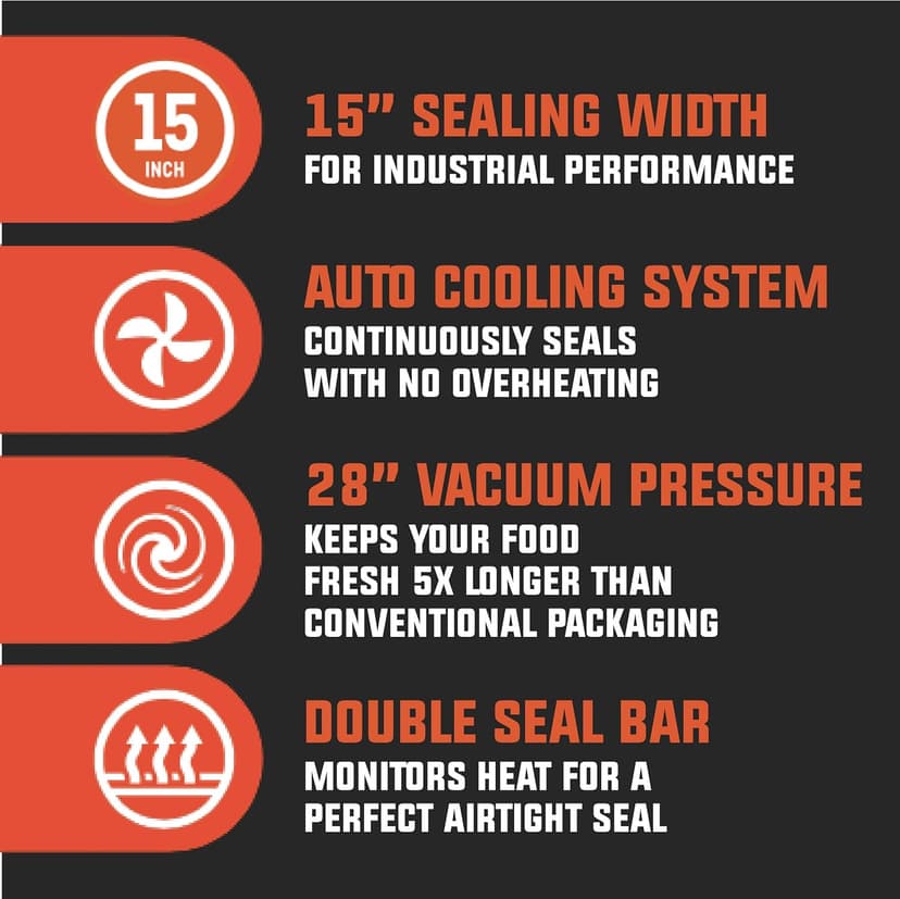 15” Commercial Grade Vacuum Sealer – User Friendly for Food Preservation & Sous Vide, 28” Vacuum Pressure – Features Auto Cooling System, Smart Heat Technology, Built-In Vacuum Bag Storage