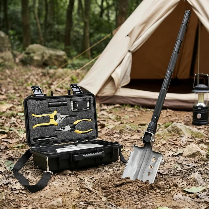 CIRONBOW Folding Camping Shovel Axe Kit，Multifunctional Survival Shovel with Stainless Steel Pickaxe ，pliers,Compass，Locking scissors，Magnetic flashlight- For Camping, Snow, Hiking, Survival Gear