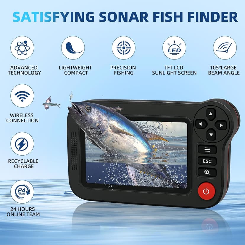 Portable Rechargeable Fish Finder, Wireless Sonar FishFinder, Castable Kayak Depth Finder with 105° Beam Angle and TFT LCD Display, 2.6-164 FT of Depth Locator, for Shore, Sea ＆ Ice Fishing
