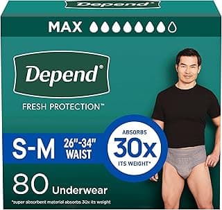 Depend Depend Fresh Protection Adult Diapers, Incontinence Underwear for Men, Disposable, Maximum, Small/Medium, Grey, 80 Count (2 Packs of 40), Packaging May Vary