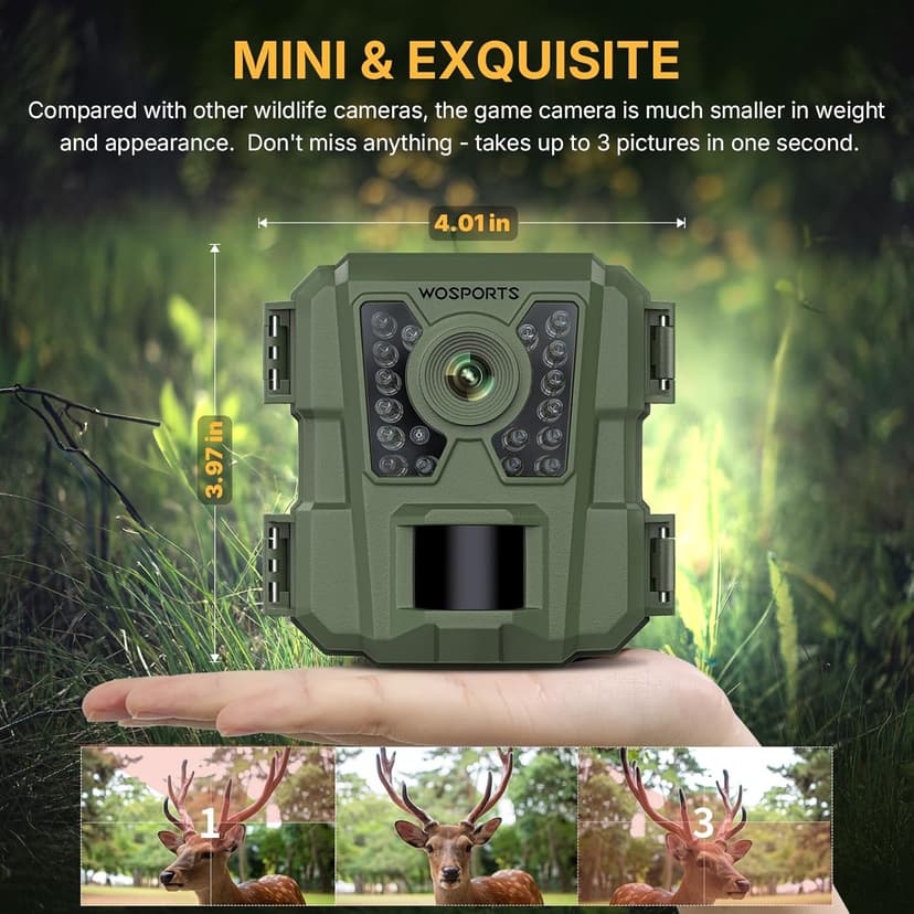 WOSPORTS Mini Trail Camera 24MP 1080P HD Game Camera with Night Vision Motion Activated Waterproof,Trail Cam with Fast Trigger Time for Outdoor Wildlife Monitoring