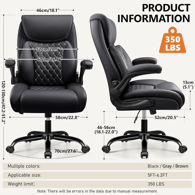 BESTFAIR Office Chair, Ergonomic Computer Desk Chairs with Lumbar Support for Lower Back Pain Relief, Executive Leather Home Chair Comfy with Padded Flip-up Armrests, Black